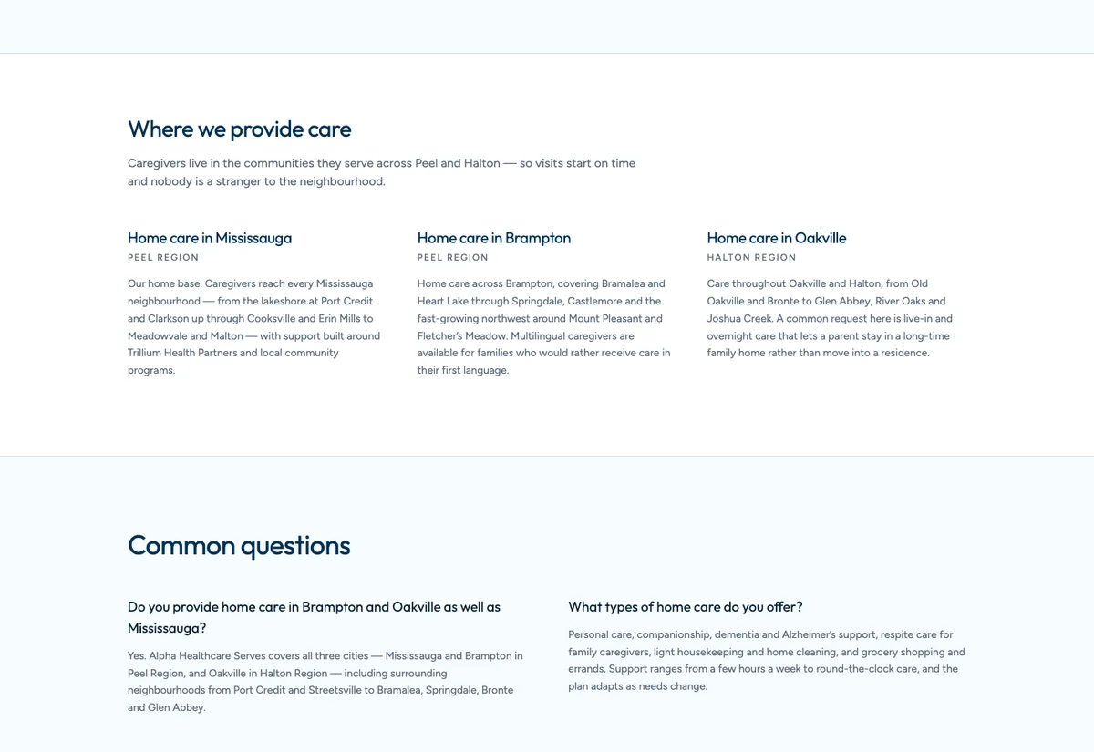 AHS service areas across Mississauga, Brampton and Oakville