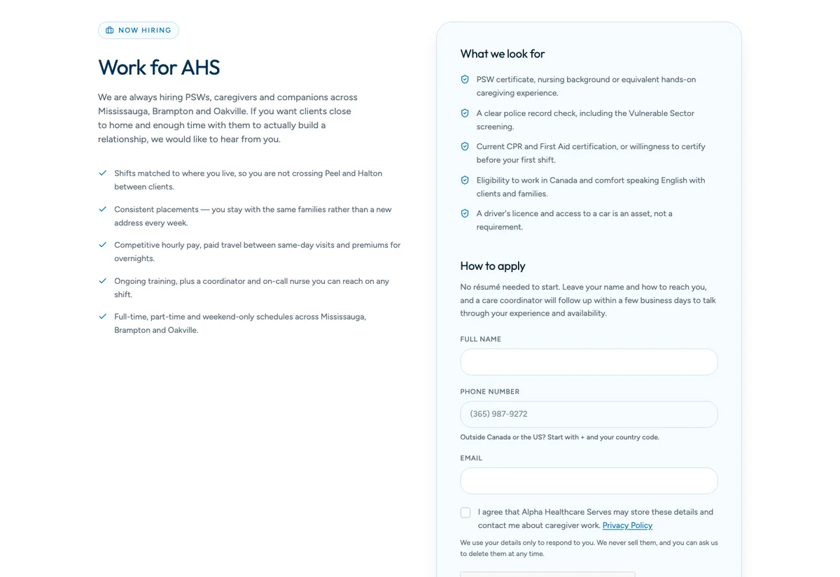 AHS caregiver recruitment section with application form